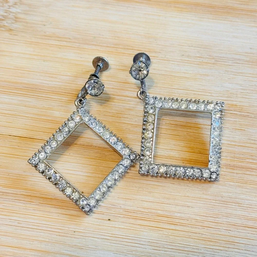 VTG Art Deco Screw‎ back Rhinestone Earrings Statement Dangle Silver Tone Rare